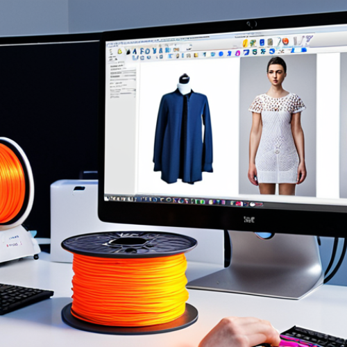 Home 11 **3D Printed Fashion Studio:** A brightly lit, modern studio space. Focus on a high-quality 3D printer in action, creating a complex garment. Include spools of colorful filament, CAD software displayed on a computer screen, and a designer inspecting the printed piece with a magnifying glass. The scene should evoke innovation and precision.