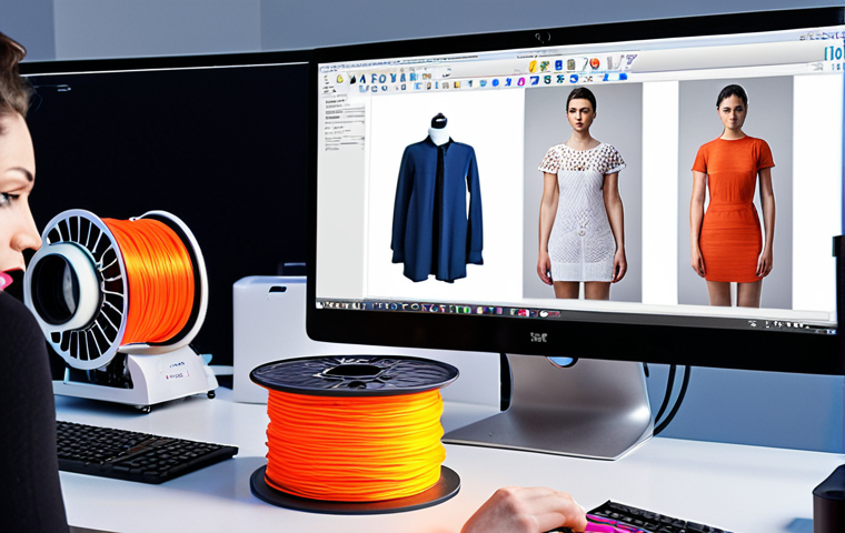 **3D Printed Fashion Studio:** A brightly lit, modern studio space. Focus on a high-quality 3D printer in action, creating a complex garment. Include spools of colorful filament, CAD software displayed on a computer screen, and a designer inspecting the printed piece with a magnifying glass. The scene should evoke innovation and precision.
